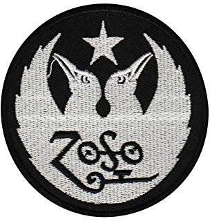 Toppa ricamata a forma di zoso, con scritta in lingua inglese “Led Zeppelin Zoso”, colore: nero e argento