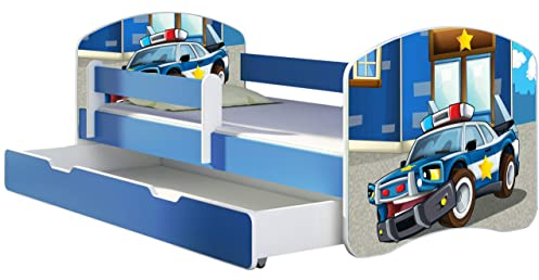 ACMA Kinderbett Jugendbett mit Einer Schublade und Matratze Blau mit Rausfallschutz Lattenrost II 140x70 160x80 180x80 (38 Polizei, 160x80 + Bettkasten)