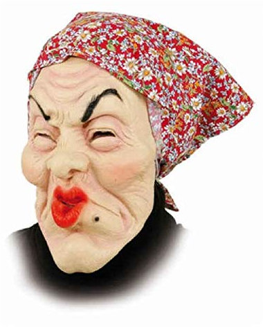 narrenkiste O40604 beige-rot Damen Herren Überziehmaske alte Frau mit Kopftuch