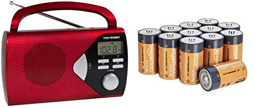 Metronic 477201 Radio Portable (AM/FM) avec Fonction Réveil - Rouge & Amazon Basics Piles alcalines C 1,5 V pour le quotidien - Lot de 12 (le visuel peut différer)