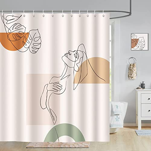 Bonhause Rideau de Douche Femme Abstrait Art Moderne 180 x 180 cm Rideau de Bain Tissu Polyester Anti Moisissure Imperméable Lavable Rideau Salle de Bain avec 12 Crochets pour Baignoire