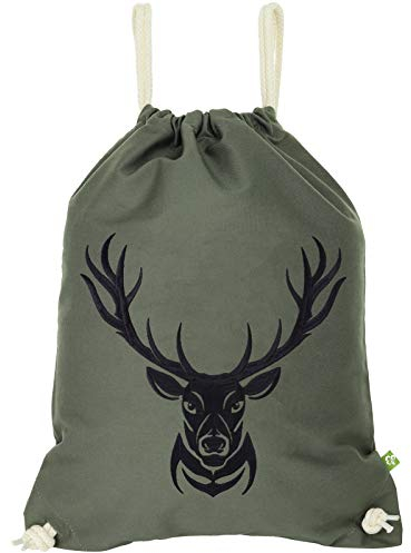 EXPRESS-STICKEREI Turnbeutel wasserdicht Grün Sportbeutel mit Hirsch Motiv Wander Rucksack Männer/Frauen Gym Bag Beutel mit Hirschkopf Beuteltasche Damen | Schulrucksack Mädchen Teenager
