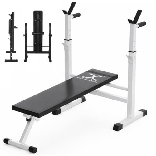MAXSTRENGTH Verstellbare Hantelbank, Fitnessbank, Workout-Bank, multifunktional, faltbares Bankdrücken mit Gewichten und Stange, multifunktionales faltbares Bankdrücken (Schwarz/Rot)