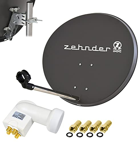 Zehnder 60cm Spiegel Schüssel Stahl + LogiSat Quad LNB | 4 Teilnehmer HD Digital SAT Anlage Set anthrazit | DVB-S/S2 Full HDTV 3D 4K Ultra HD UHD Empfang