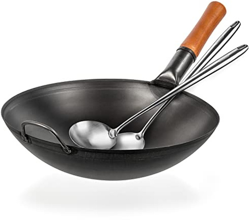 YOSUKATA Karbonstahl Woks & Wokpfannen 36 cm + Wok-Schöpflöffel und Pfannenwender Set - 43 cm