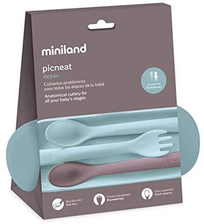 Miniland Picneat Terra Ocean. Set de cubiertos para bebé anatómicos y evolutivos con funda protectora.