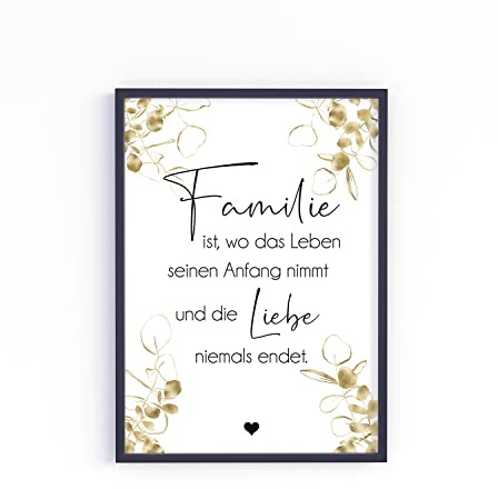 Familie ist wo das Leben Poster A4 oder A3 als Einweihungsgeschenk oder Geschenk-Idee zum Einzug Einweihung Kunstdruck Umzug Wand-Bild Wand-Deko Weihnachten (Golden Leafs)