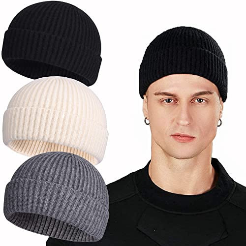 ROYBENS Swag Wolle Strickmanschette Kurze Fischermütze für Herren Damen, Winter Warm Hüte, 3 Stück: Schwarz, Grau, Beige, Einheitsgr��e