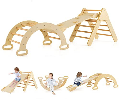 Maxmass Kids Climbing Triangle Set, 3-in-1 Toddler Climber with Ladder, Reversible Ramp & Arch, Wooden Climbing Playground for Indoor & Outdoor (Natural)