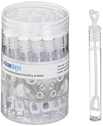Relaxdays Seifenblasen Hochzeit, 24er Set, Seifenblasenröhrchen mit Herzgriff, Gastgeschenk, Herz-Seifenblasen, weiß