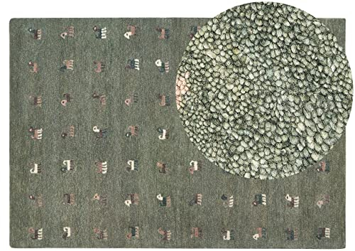 Beliani Gabbeh Teppich grün aus Wolle 160 x 230 cm Hochflor Tier Muster handgetuftet Kizarli