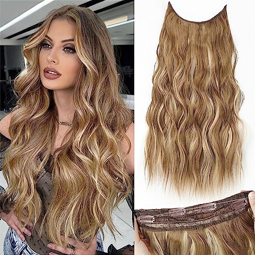 PORSMEER Secrets Haare Extensions Lange Gewellt Rot Braun mit Hellblond Haarverlängerung mit verstellbarem unsichtbarem Draht mit 4 sicheren Clips,Kunsthaar Haarteile für Frauen 50cm