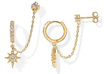 PAVOI 14K Gold Chain Earrings for Women | Double Piercing Dangle Chain Huggie Hoop Earrings | Cubic Zirconia Pearl Stud Ear Cuff Earrings for Women, Yellow Gold, Cubic Zirconia