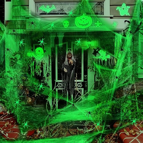 Lets Joy Halloween Dekoration Spinnennetz, 120G Leuchtendes Spinnennetz, 10PCS Schwarze Spinnen, 10PCS Spinnen Glow in The Dark, 8PCS Halloween Leuchtender Aufkleber Deko, Halloween Party Deko