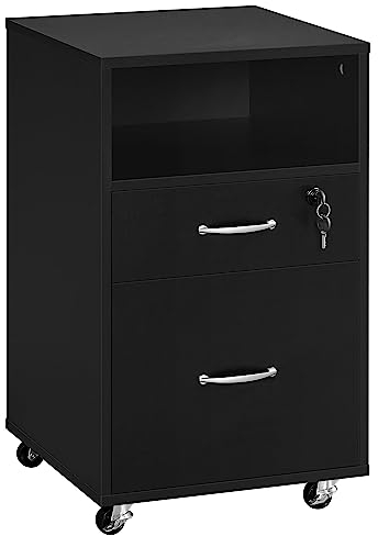 Yaheetech Caisson de Bureau sur roulettes à 2 Tiroirs, Meuble Rangement de doissier doucument, Compartiment Ouvert, 40 × 40 × 65,5 cm Noir