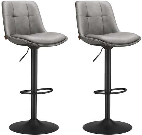 VASAGLE Juego de 2 Taburetes de Bar, Sillas Altas Giratorias Regulables en Altura, Acolchado PU, Sillas de Cocina con Respaldo y Reposapiés, Comedor, Mostrador, Acero, Gris Paloma LJB095G01