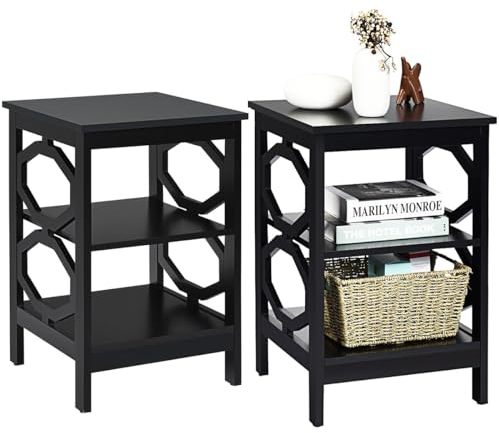 GIANTEX 2er Set Nachttisch, Beistelltisch Nachtschrank Holz 3 Ebenen, kleine Nachtkommode Nachtkonsole, Sofatisch Couchtisch Flurtisch Telefontisch für Wohnzimmer Schlafzimmer 40x40x61cm Schwarz