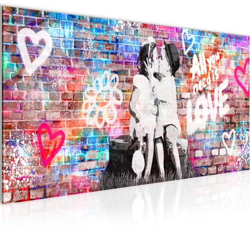 Runa Art Wandbild Banksy-Style the First Kiss 100 x 40 cm Modern Bild auf Vlies Leinwand Streetart Graffiti Wohnzimmer Schlafzimmer Bunt 044612a
