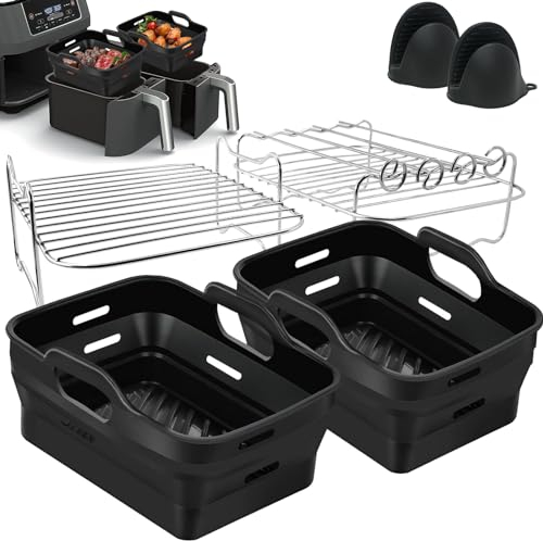 moleath Accessori Friggitrice ad Aria Doppia Zona per Ninja Foodi MAX AF400EU 9,5L, FlexDrawer AF500EU 10,4L, 5PCS Contenitore per Dual Zone Friggitrice ad Aria, con Silicone Teglie e Doppia Griglie