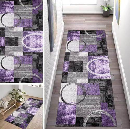 ZUZEKU Vintage Schwarz Grau Lila Läufer Flur Küche Waschbar rutschfest 70X180cm Lang Abstraktes Muster Küchenteppich Flurteppich Teppich Fur Korridor Wohnzimmer Schlafzimmer Meterware Anpassbar