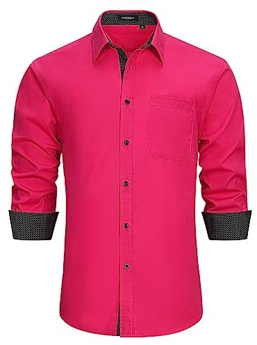 HISDERN Mens Shirts Long Sleeve Shirt for Men Formal Button Shirts Hot Pink Casual Regular Fit Shirt 6XL