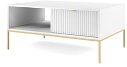 BETTSO - Nova L104 - Couchtisch mit Stauraum - Sofatisch mit Stauraum und Schublade - Niedrig - Tisch Wohnzimmer - Rechteckig - Geriffelt - Modern, Glamour - Weiß - mit goldenen Beinen