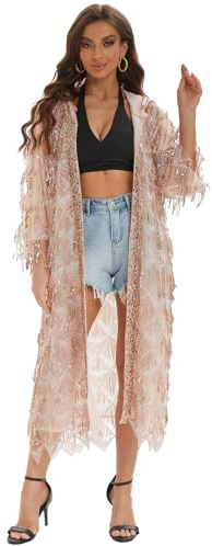 SZTOPFOCUS Sequin Cardigan – Women's Sparkly Summer Kimono Fringed Duster Dress, Sexy Hooded Open Front Cover Up for Parties, Festivals, Coppery, One Size