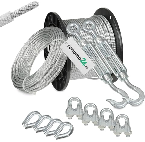 Renomo24 Drahtseil Set 4 - Stahlseil 20m 6mm 6x7 verzinkt und ummantelt, 2x Spannschloss Haken/Öse, 4x Bügelklemmen, 4x Kauschen, 176517957