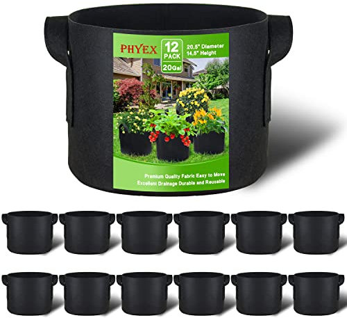 PHYEX 12-Pack 20 Gallon Grow Bags, Heavy Duty Fabric Pots with Handles, Reusable Plant Bags for Vegetable, Herbs & Flowers, BPA-Free, Breathable, Durable