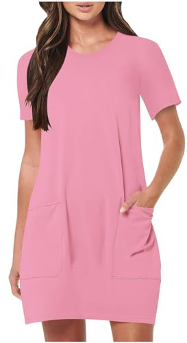 Vestito in Donna Elegante Curvy Abiti Estivi Taglie Forti Girocollo Manica Corta Vestiti Casual Abito Eleganti Tinta Unita Vestito Boho Women's Dress Abito da Spiaggia Vestiti Primavera con Tasca
