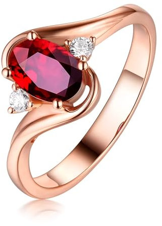 Damenring 750 Gold, Rubin Ring Echt 18 Karat Roségold Ovaler Rubin mit Weißem Runden Diamanten Rot Modeschmuck Größe 52 (16.6)
