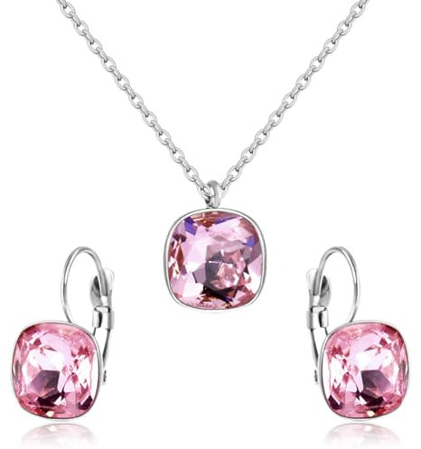 Rose Quartz Crystal Jewelry Set for Women, Square Diamond Necklace Matching Hoop Earrings Valentine's Day Mother's Day Anniversary Engagement Jewelry Set for Bride Bridesmaids Wife Mom