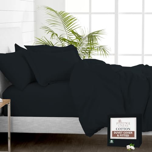 Pizuna Pure 100% Cotton Super King Duvet Cover with Super King Fitted Sheet Black, 400 Thread Count Long Staple Cotton Bedding Set, Soft Sateen Weave Quilt Cover Set & 40 cm Deep Fitted Sheets