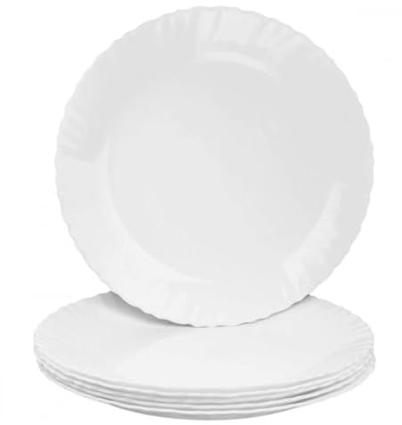 PALUPLUS Set 6 Piatti Piani in Vetro Opaco colore Bianco, Diametro 26 cm e Altezza 2 cm, Adatti per Microonde, Lavabili in Lavastoviglie, Bordi con decoro -9106F