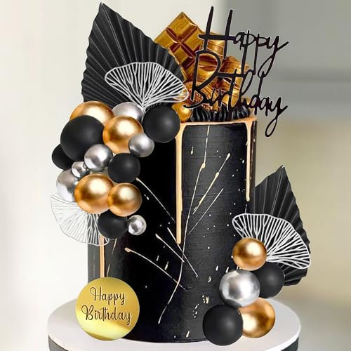 Black and Gold Cake Balls and Topper Set for Birthday, Wedding, Anniversary - Boho Party Decorations