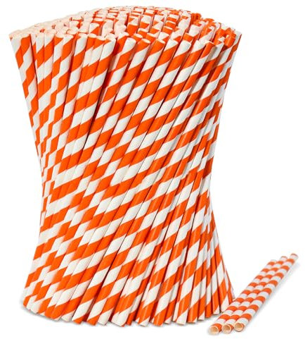 [1000 Stück] Lives on Green Orange/Weiß Streifen Papierstrohhalme - 19,7 x 0,6cm - für Bars und Restaurants, Biologisch Abbaubar und Kompostierbar