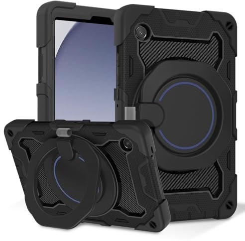 ROISKIN For Samsung Galaxy Tab A9 Case 8.7 inch 2023: Heavy Duty Shockproof with Screen Protector & Rotating Stand & Shoulder Strap & Pencil Holder for Galaxy Tab A9 Case (SM-X110/X115/X117), Black