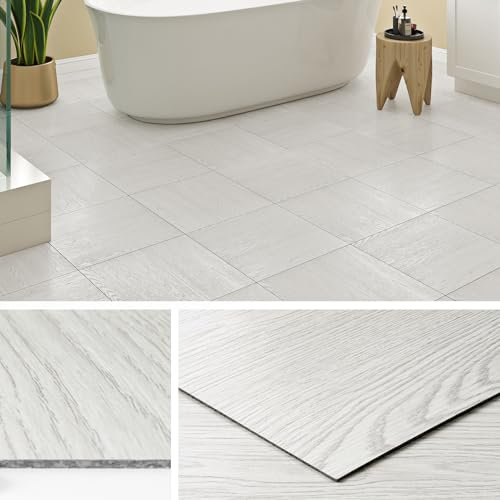 Livelynine Pavimento Adesivo Per Interni Legno Chiaro Piastrelle Adesive Pavimento Bagno 30x30CM Pavimento PVC Adesivo per Cucina Impermeabile Pavimenti Adesivi in PVC Soggiorno Bianco, 16 Piastrelle