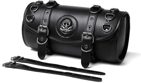 Generisch Motorrad-Satteltasche aus Leder, Totenkopf-Design, Schwarz, Universal-Werkzeugtasche mit Schnallen (FBG344BK)