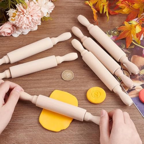 Mini Rolling Pin 6 Pack Thanksgiving Kids Small Wooden Rolling Pins with 2 Rollers Handle Non-Stick Playdough Dough Roller for Child in The Kitchen Baking Cookie Easter Christmas, 5.5inch Length
