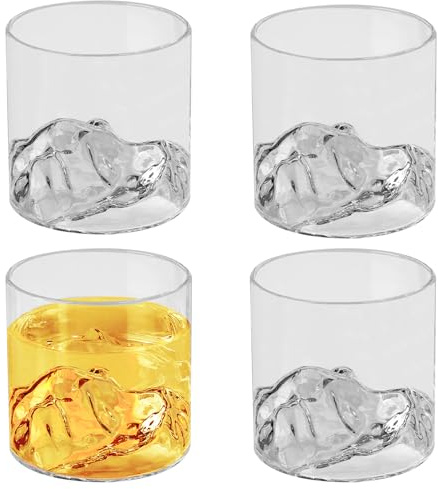 WANDGU Lot de 4 verres à whisky - 200 ml - Verres à rhum - Verres à cocktail - Design paysage de montagne - Pour whisky, rhum et boissons mélangées - Présentation élégante avec gravure montagne et