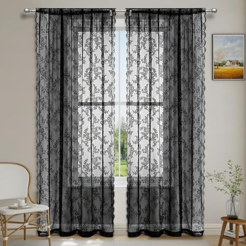 YKAFADE 2 Stück Spitze Vorhang Gardinenschal Blumen Muster Gardinen Transluzente Vintage Romantisch Dekoschal Ösenvorhänge Tüllvorhänge Fensterschal für Wohnzimmer Schlafzimmer -75x150cm(BxL),Schwarz