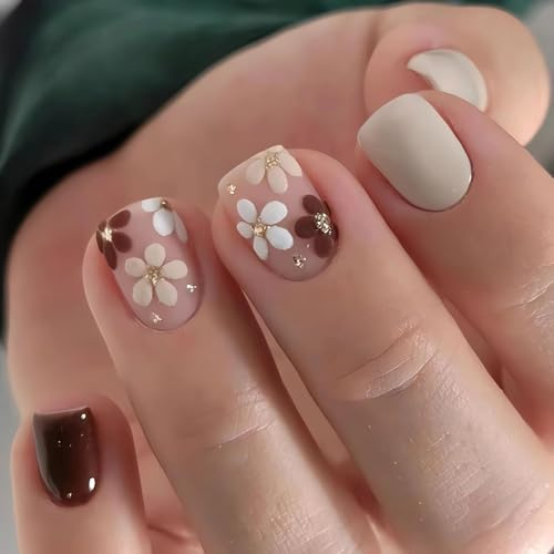Glimmer Style Kunstnägel Zum Aufdrücken, Kurz, Quadratisch, Mit Blumendesign, Extra Kurz, Frühling, Kunstnägel,Glänzendes Gel, Acryl, Echte kurze Vollabdeckung, zum Aufkleben, goldfarbene