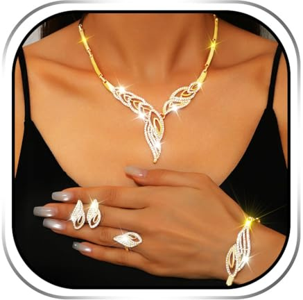 Handcess Braut Schmuck Set Gold Strass Halskette und Ohrringe Glitzernde Braut Hochzeits Halskette Schmuck für Frauen