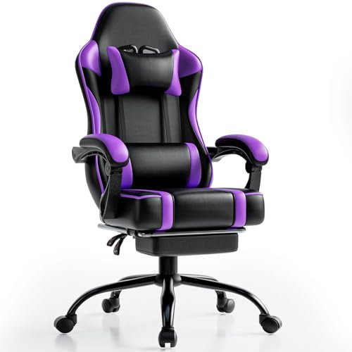 Sedia Gaming Ergonomica, Poltrona Gaming con Schienale Regolabile, Sedia da Gamer con Poggiatesta e Supporto Lombare, Sedia Gamer in Pelle Sedia Gaming con Poggiapiedi (Cuscino piatto, Viola)