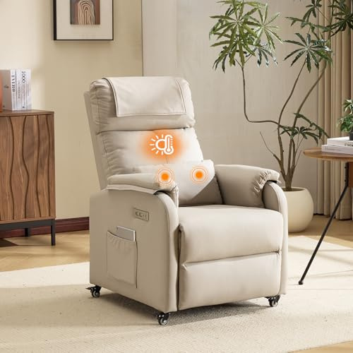 Bonnlo Electric Reclining Chair, Small recliner with Heat, PU Pearl Grey | Reclining Chair With Massage & Heat, Armrests, High Back, Lockable Casters, Remote Control, For Bedroom And Living Room