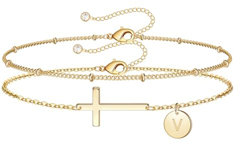 TINGN Armband Damen Gold mit Kreuz - 14K Gold Vergoldet Layered Personalisierte Armband mit Buchstaben Monogramm Scheiben Armkette Damen Goldschmuck Taufe Geschenke für Frauen Teenager Mädchen