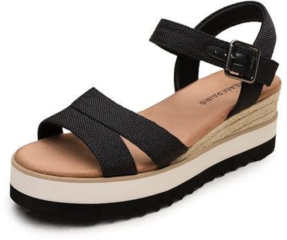 DREAM PAIRS Sandali con Zeppa da Donna – Sandali Espadrillas con Plateau, Punta Aperta e Cinturino alla Caviglia – Comodi Zeppa Bassa Sandali per L'Estate,Size 43,Nero,SDWS26012W