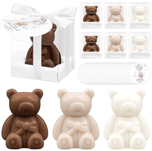 36er Set Bärchen-Seifen als Gastgeschenke, Mini-Duftseifen mit Klarsichtboxen, Schleifen & Dankeskarten, Give-aways für Taufe, Babyparty, Hochzeit, Gender Reveal & Geburtstag, Weiß & Braun