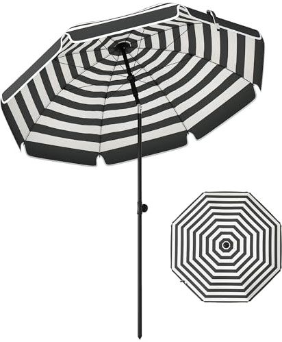Outsunny 1.8 m Beach Umbrella Parasol with Sand Anchor, Portable 30° Tilting Patio Sun Shade with Adjustable Height, Carry Bag, UV Protection, Striped Design, Grey/White